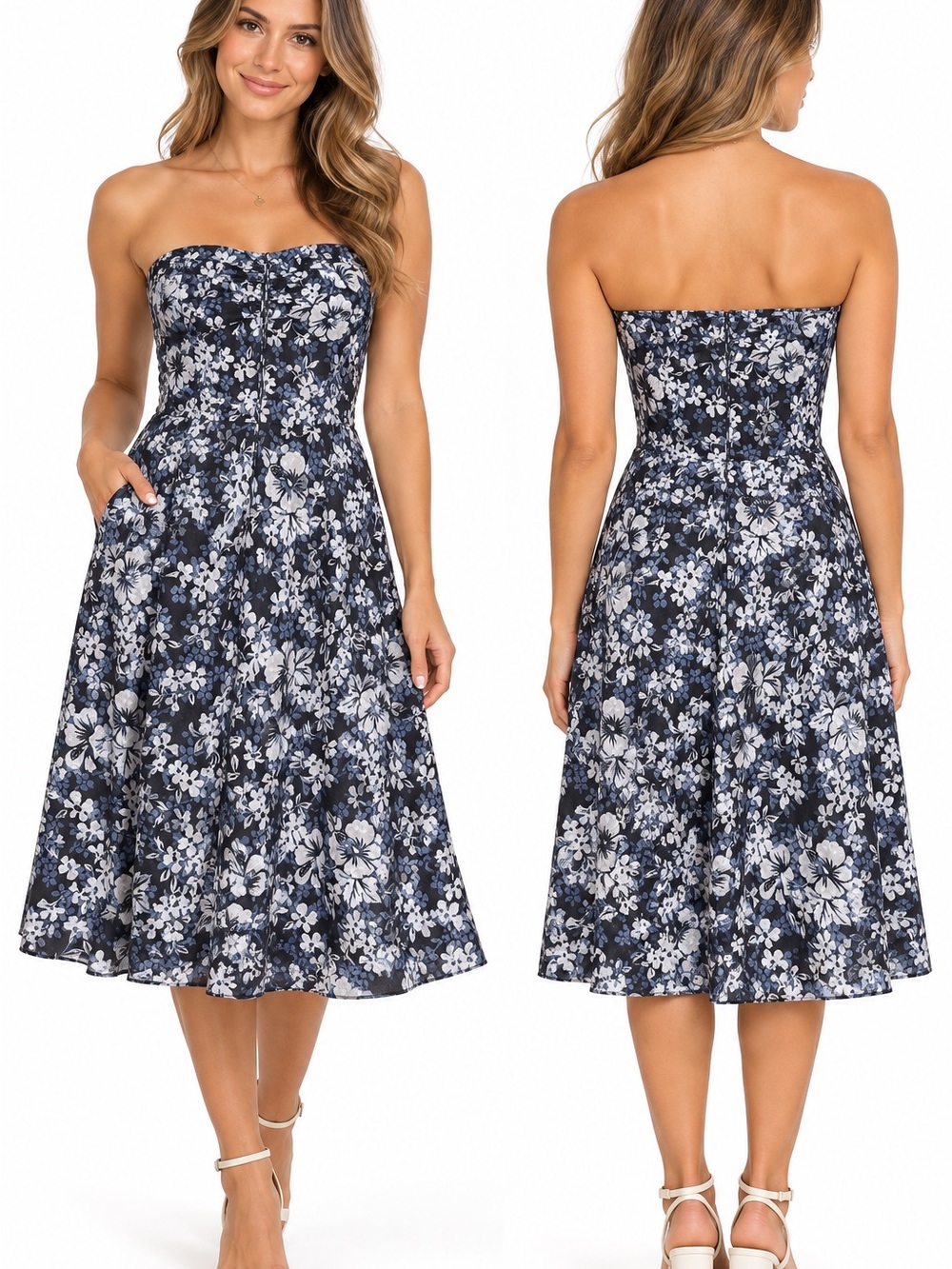 J. Crew Navy and White Floral Strapless Midi Dress